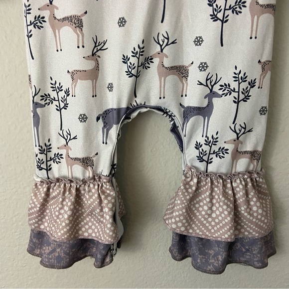 Deer Print Baby Girl Ruffled Romper One Piece Snap Closure Soft Material 6-12M - Picture 3 of 12